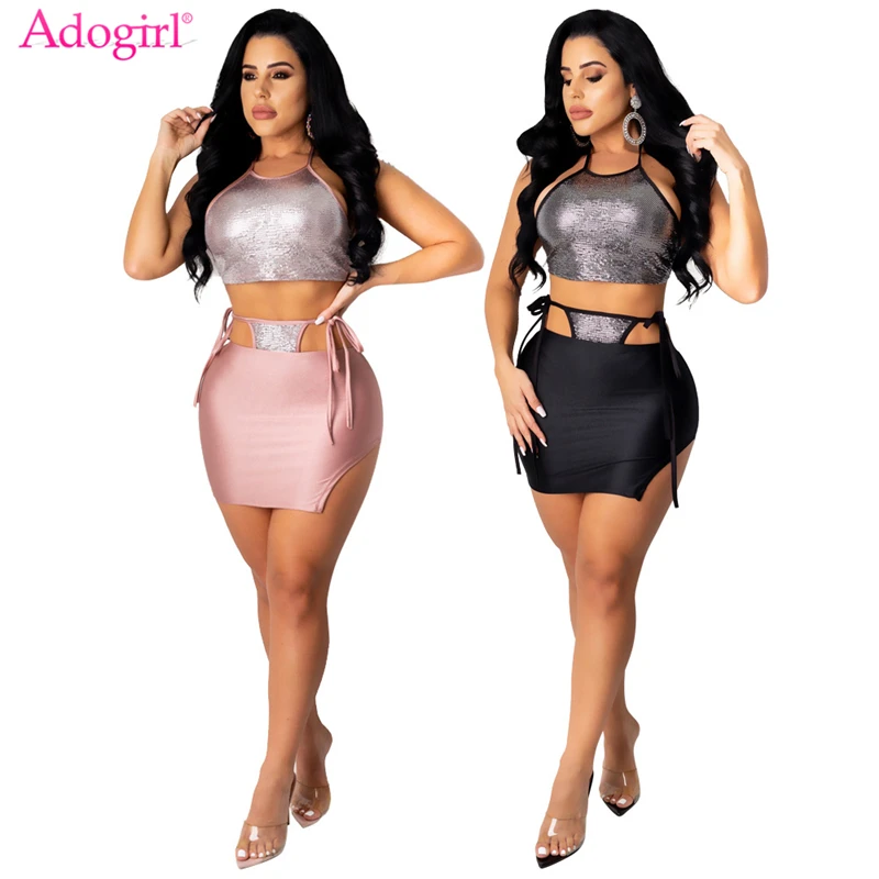 Adogirl Women Sparkling Two Piece Set Lace Up Backless Halter Vest Crop Top High Split Bodycon Mini Skirt Night Club Dress