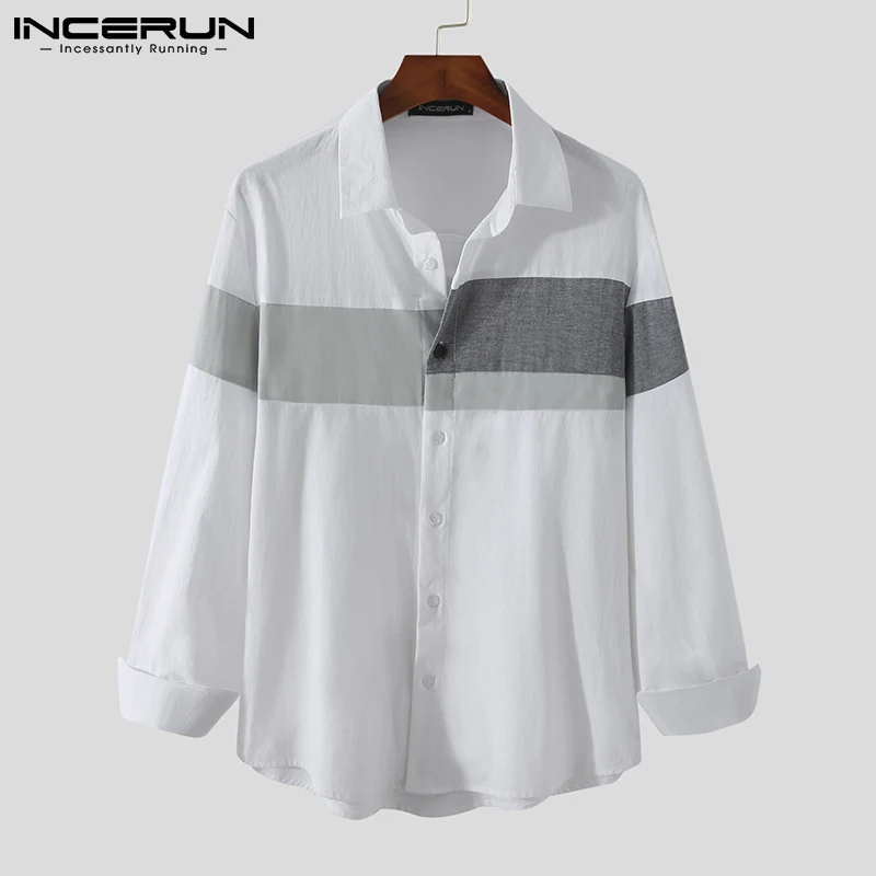 

INCERUN Men Casual Shirt Patchwork Lapel Cotton Long Sleeve Streetwear Button Leisure Camisa Masculina 2021 Harajuku Shirts 5XL