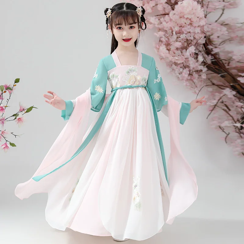 

Супер сказочное платье Hanfu для девочек, детский китайский стиль, с длинным рукавом, 12 лет, старинный костюм для девочек, сказочное платье, лет...