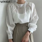 Элегантные рубашки 2022 VONDA, осенняя женская блузка с длинным рукавом и круглым вырезом, Весенняя плиссированная Праздничная туника с пышными рукавами, однотонные мешковатые Блузы