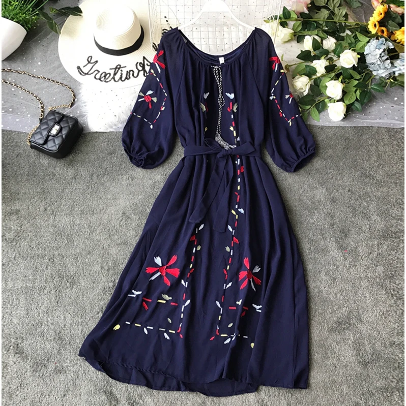 Шифоновое богемное женское платье Новинка лета 2020 вышитое длинное пляжное макси