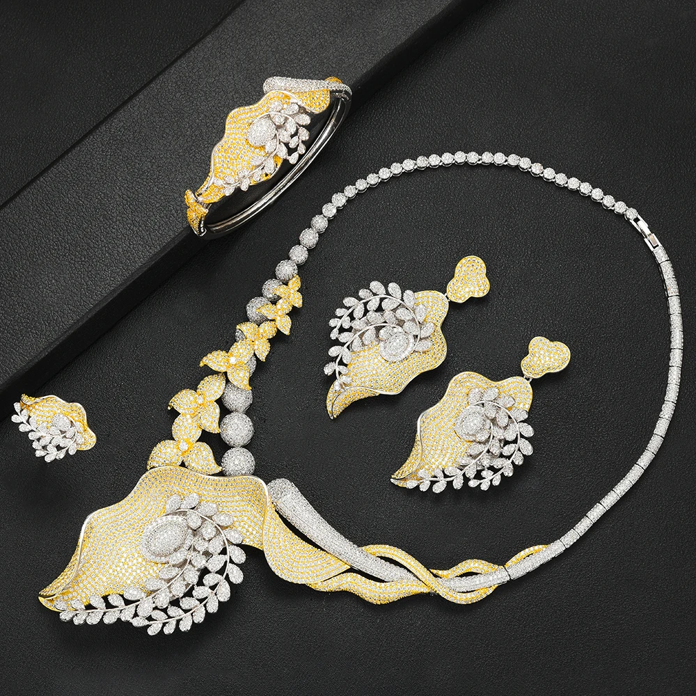 

LARRAURI Новинка 4 шт. Роскошные нигерийские Свадебные Ювелирные наборы из кубического циркония ожерелье серьги браслет изменяемый размер Коль...