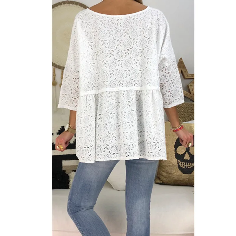 Женская кружевная блузка большого размера Однотонная рубашка с круглым вырезом