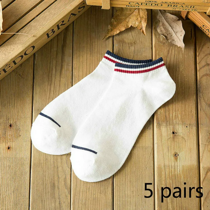 black red stripes Большие размеры, 5 пар/лот, мужские хлопковые носки, мужские деловые повседневные короткие носки-тапочки, белые, черные, серые, без шоу, мужские подарки, дешево - Цвет: black red stripes