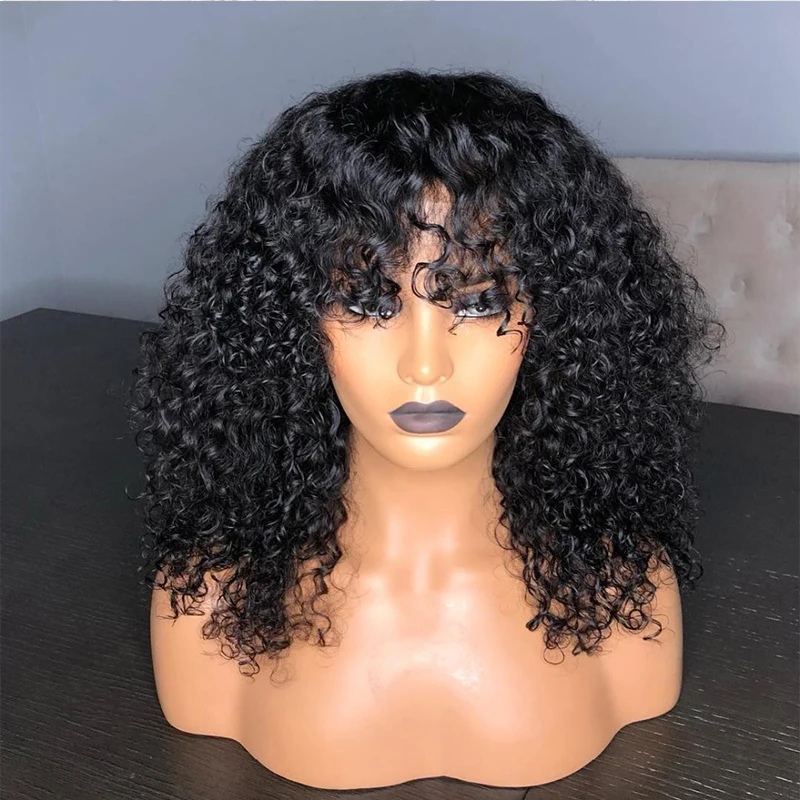 

Full Bangs Kinky Curly Wig Human Hair Pre Plucked 13X4 Lace Front Wigs With Baby Hair For Black Women 150% 180% 250% Density