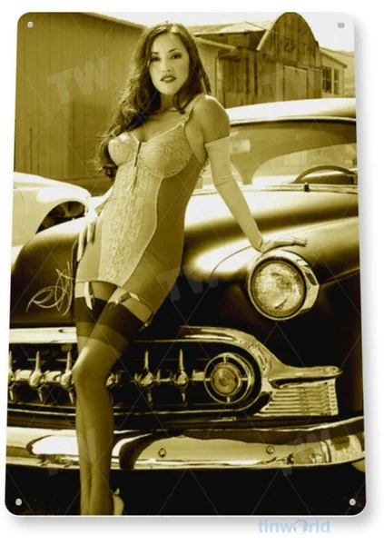 

Headlights Pin-Up Girl Hot Rod Auto Shop Garage Decor Tin Sign