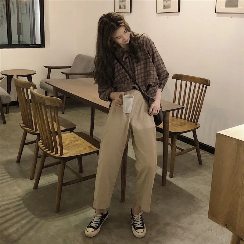 Новинка весны 2019 коричневая клетчатая Хлопковая женская блузка в клетку рубашка