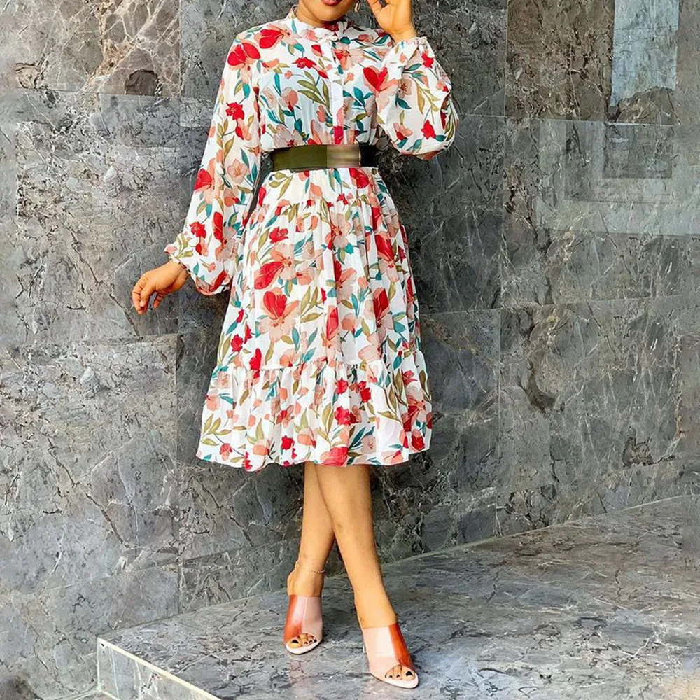 

vinatge women Dress floral printed high waist female office lady work wear summer african long sleeve midi robe vestiods retro