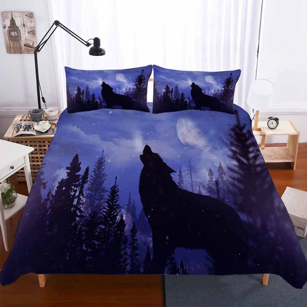 

Complete Double Bed Duvet Cover Night Wolf Howling Snow Printed Bedding Clothes for Adult with Pillowcases King Single Size