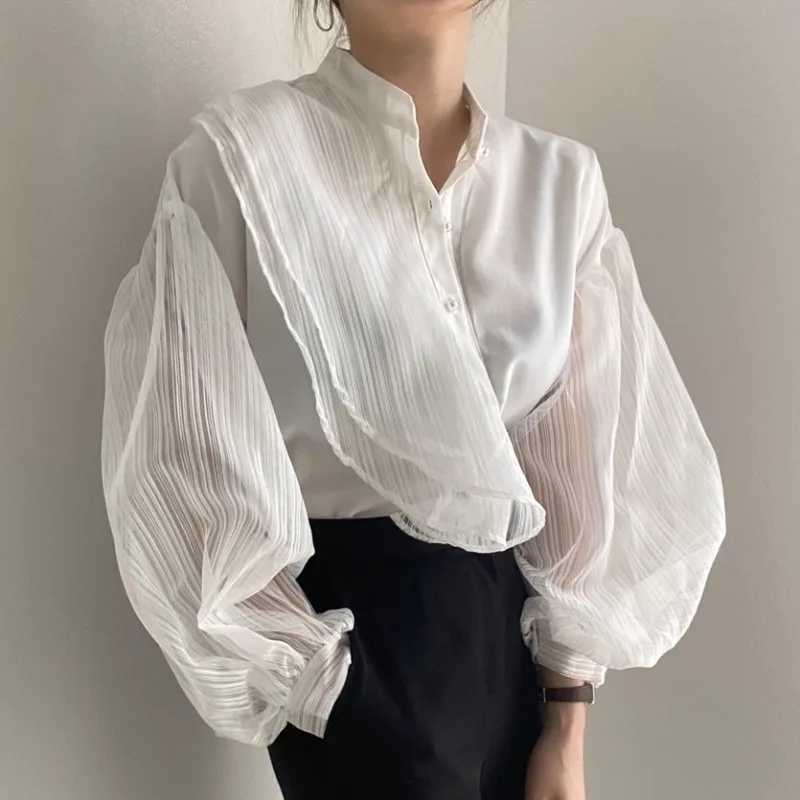 

Spring and Autumn 2021 New Solid Asymmetric Design Ruffled Lantern Sleeve Mesh Patchwork Shirt Blouse Women Z030