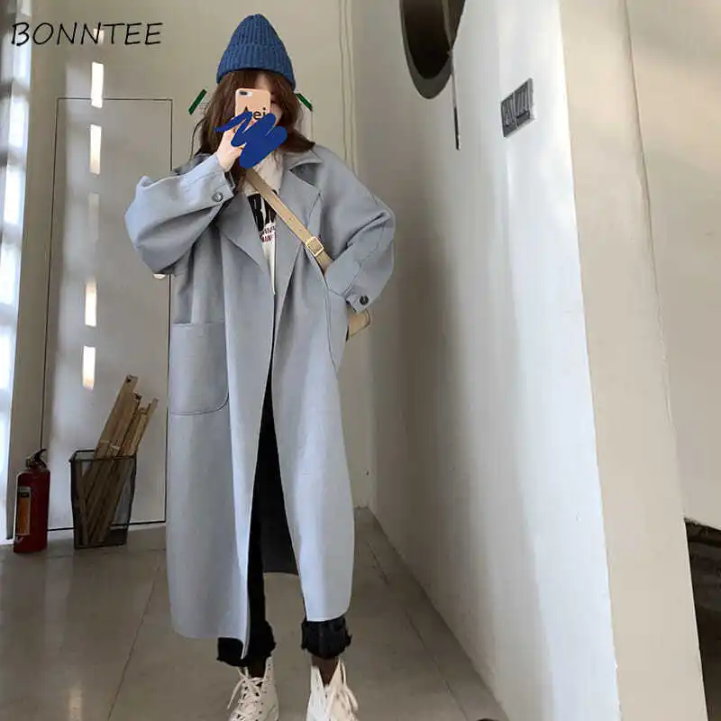 Женское шерстяное пальто Ulzzang однотонное зимнее из смешанной шерсти теплая