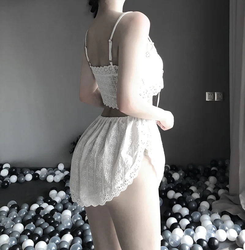 

French Maid Open Chest Pajamas Set with Comfortable Lace Split Pants Strap Loose Top Sexy Lingerie Set Cotton Cute Underwear