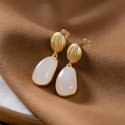 

Retro Original S925 Sterling Silver Inlaid Natural Hetian Jade Ear Studs Vintage Upscale Simple Graceful Women's Ear Studs Fashi