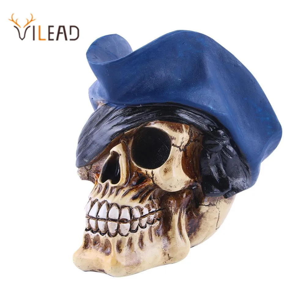 

VILEAD Sailor Skull Head With Blue Cap Halloween Party Home Decoration Abstract Sculptures Skeleton Coffee Bar Skull Ornament