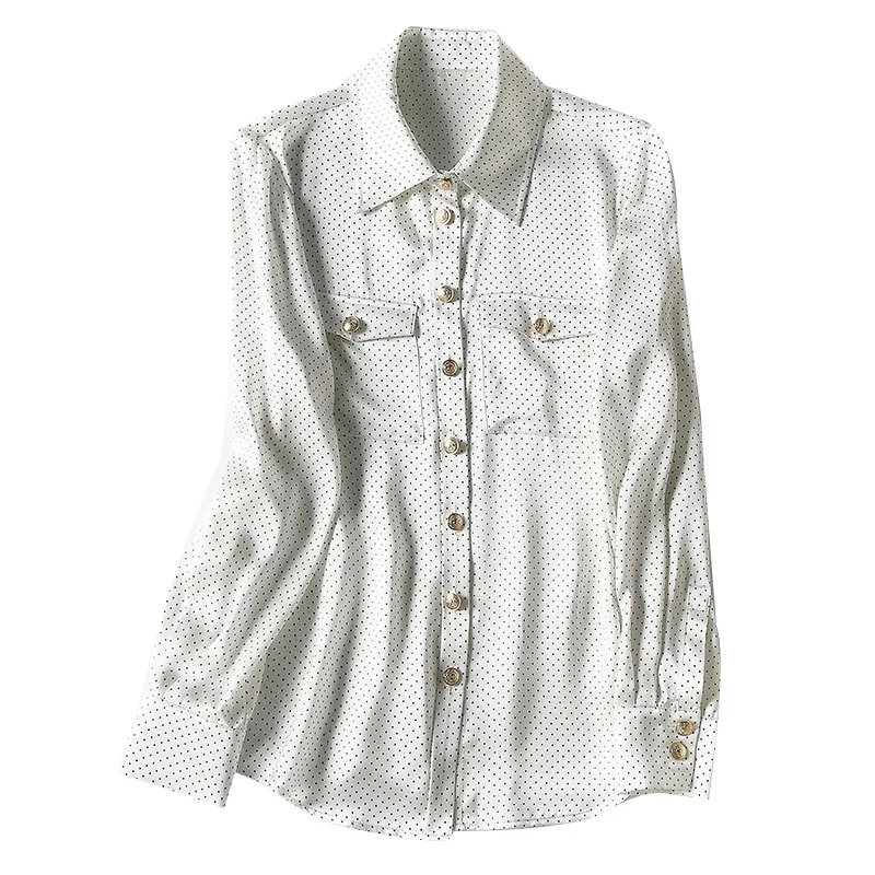 

2021 early spring Korean lapel single-neck buckle white temperament commuter mulberry solid silk cardigan long-sleeved shirt
