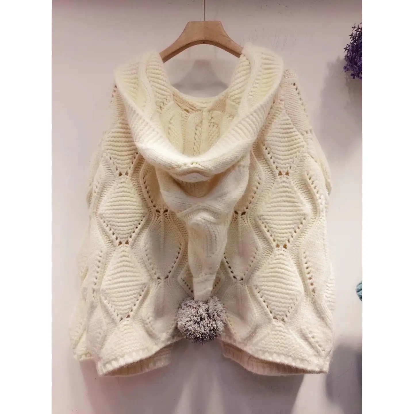 

Autumn Wear Loose and Thin Big Hair Ball Hat Versatile Knitting Cardigan Coat Sweater Girl