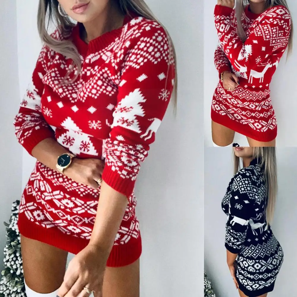 

Fashion Autumn Winter Long Sleeve Loose Christmas Dresses Christmas A-line Women Ladies New Dress 2021 Print Mini Tops U4z3