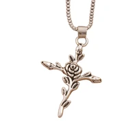 bud rose flower cross pendant necklaces 20pcs zinc alloy jewelry n440 chain 24inches
