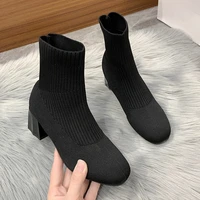 autumn women elastic stocking boots korean style round toe thick heel female boots knitting upper easy to wear ladies boots