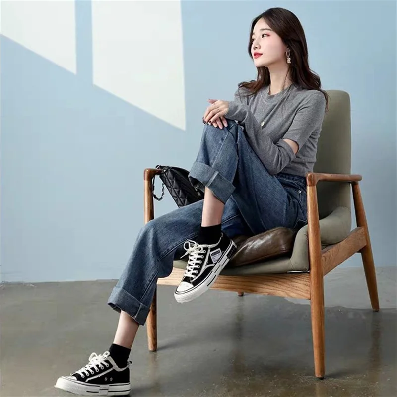 

Spring New Women's Jeans Denim High Waist Wide Leg Blue Street Style Ulzzang Harajuku Chic Pants Fashion Jeans