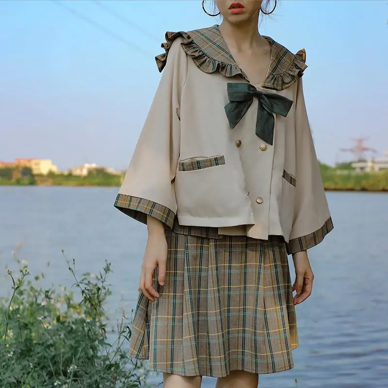 Костюм NiceMix из двух предметов в стиле Харадзюку рубашка и юбка клетку с высокой