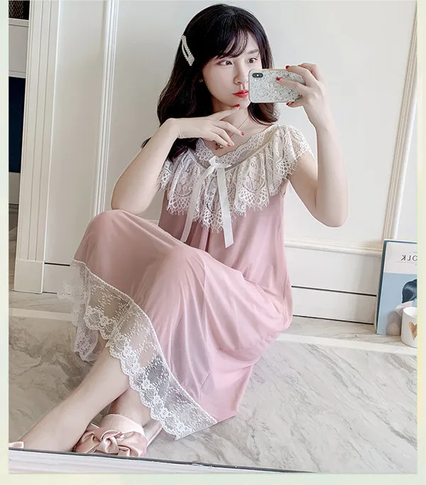 

Summer Lace Womens Nightgown Pink/White Sleepwear Lace Nightwear For Women Dress Night Gown New Modal Sleeping Dress Fdfklak