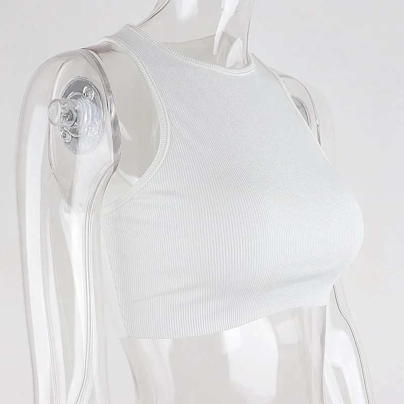 

Sexy Sleeveless Vest Short Top Women Pure Color Simple Ribbed Round Neck Exposed Umbilical Base Sports Fitness Exercise Young La