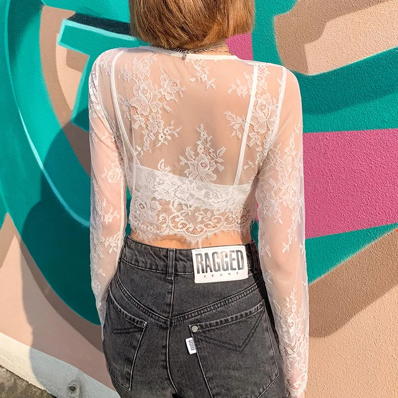 

Shirt White Fairy Two-Piece Set Long Sleeve Casual Perspective Mesh High Street Elegance Blouse Sweet Lace Crop Tops Spring 2021