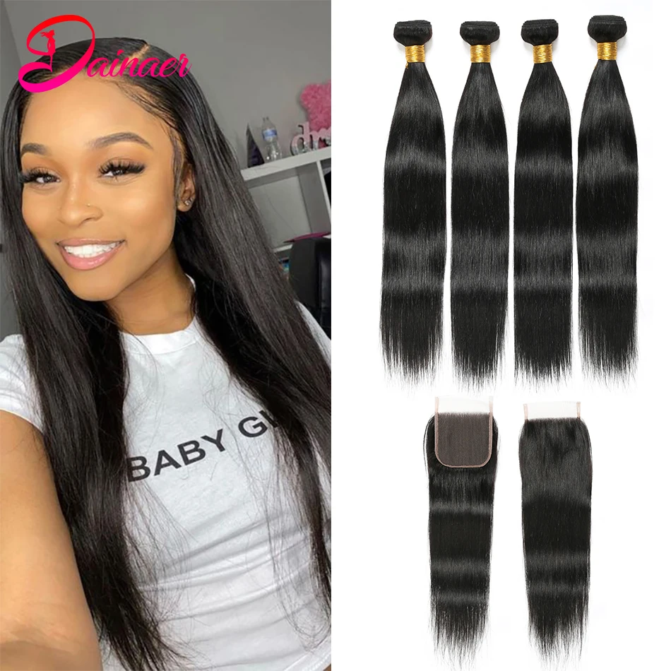 

Straight Hair Brazilian 100% Human Hair 4 Bundles With 4x4 Lace Closure Middle/Free/Three Non-Remy Free Shipping Dainaer Hair