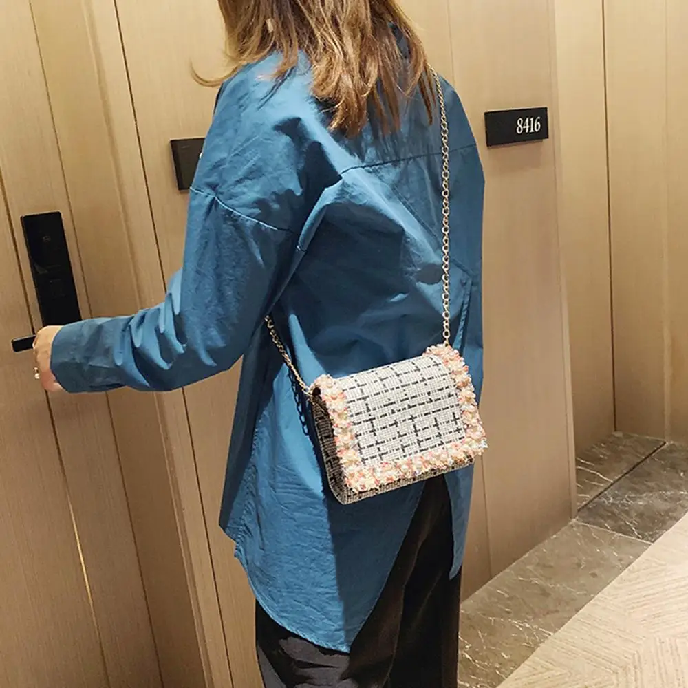 

Women Woven Flower Decor Square Shoulder Bag Female Ladies Fashion Small Lace Pearl Messenger Chain Flap Crossbody Bag