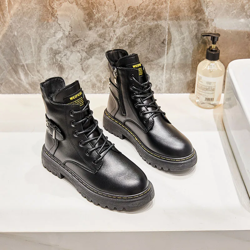 

Ботинки женские осенне-зимние из искусственной кожи, на пуговицах, в британском стиле, плюшевые, теплые