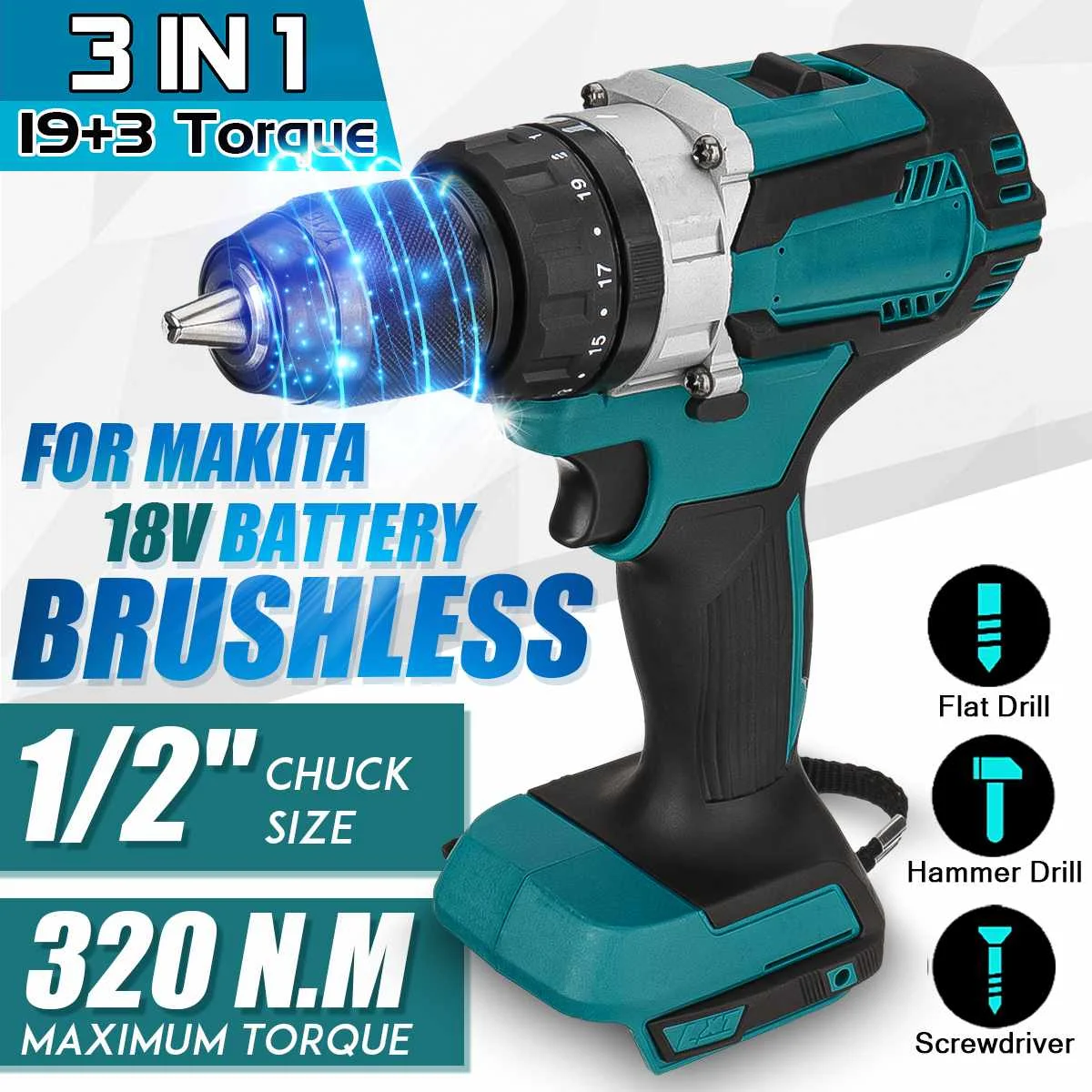 

3IN1 Electric Cordless Drill Brushless 4000RPM 13mm Electric Power Screwdriver Drill Useful Repair Tool For Makita 18V Battery