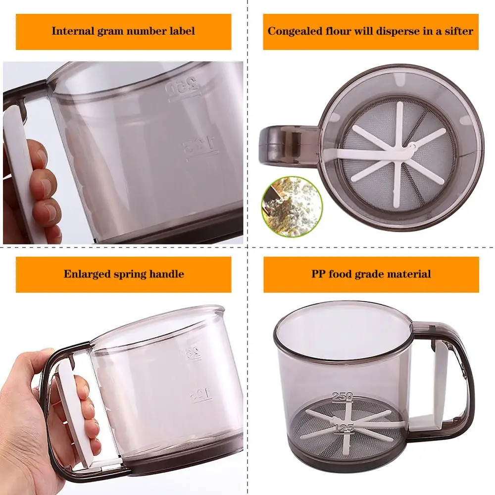 

Plastic Sieve Cup Powder Flour Baking Tool Icing Sugar Mesh Sieve Colander Crank Sifter With Measuring Scale