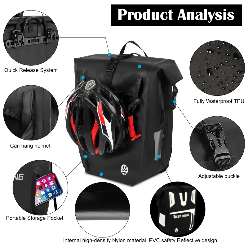 

WEST BIKING Bike Bag Bicycle Saddle Bags Waterproof Bike Luggage Bags Pannier Cycling MTB Road Bike Seat Bag Rear Rack Trunk Bag