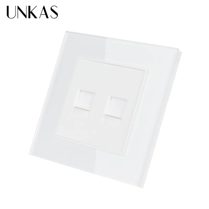 UNKAS White Computer Outlet Socket Luxury Crystal Glass Panel 1 Gang RJ11 Telephone With RJ45 Internet Jack CAT6 Connector | Обустройство