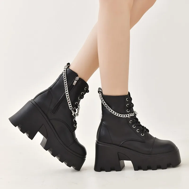 

2022 Fashion Autumn Platform Boots Quality Chunky Zipper Metal Chain Motorcycle Women Boots Internally Enhanced Leather Boots