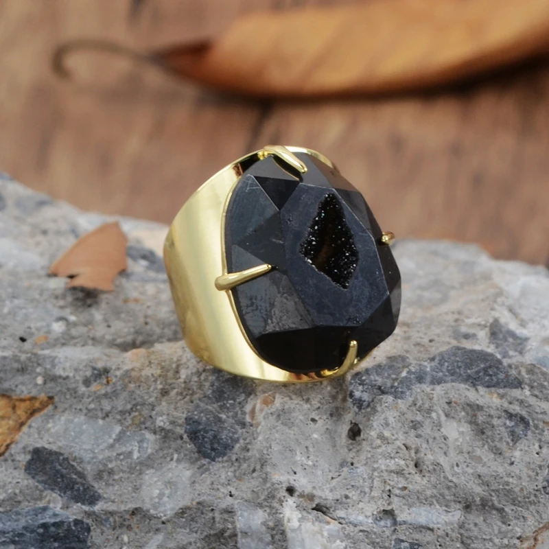 egg-black Бренд borosa, Радужный дизайн, титановая Друза, граненое кольцо-коготь, медное золото, цветная слеза, яйцо, форма шампанского, друза, кольцо - Цвет основного камня: egg-black