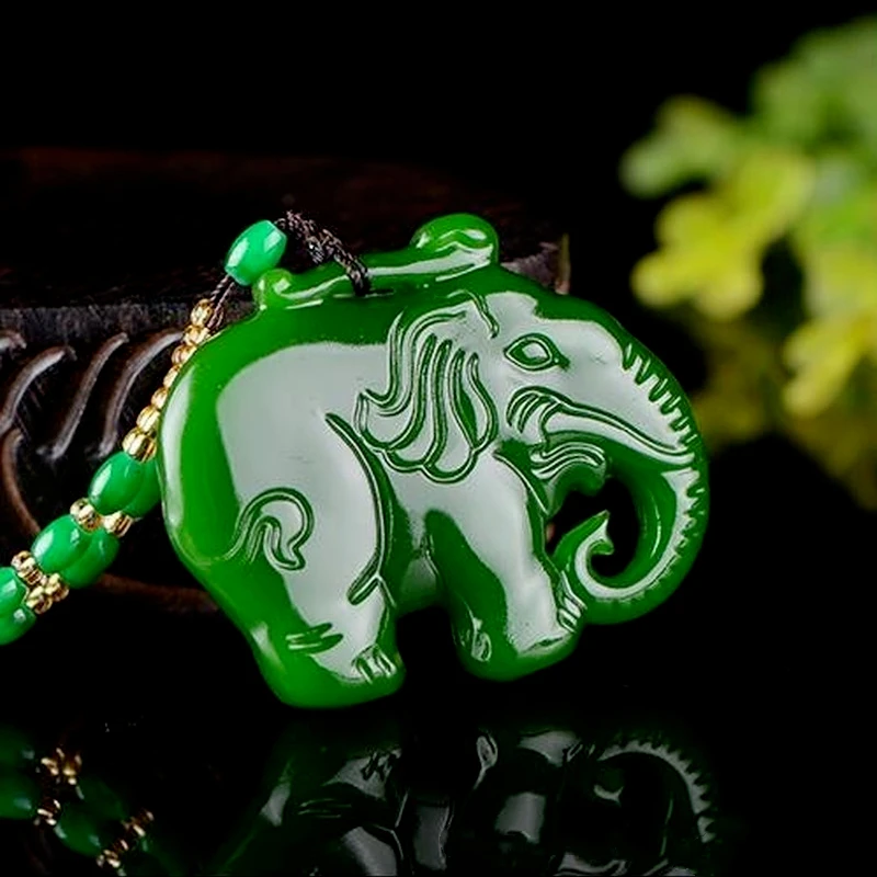 

Natural Chinese Jade Green Hand Carved Elephant Pendant Fashion Jewelry for Men and Women Towards Success Necklace Popular Gift