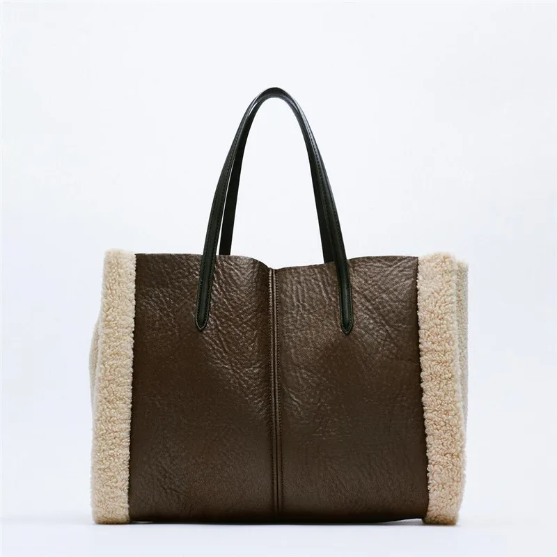

Autumn And Winter Lamb Cashmere Shoulder Bag Brown Splicing Large Capacity Shopping Handbag Retro Leisure Fashion Women's Bag