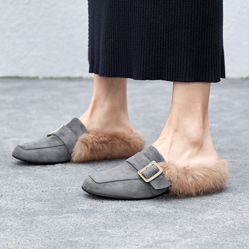 

Salu Fur Shoes Women Slippers Buckled Lamb Hair Ballet Shoes Woman Casual Flats Fall Winter Women Warm Leather Loafers