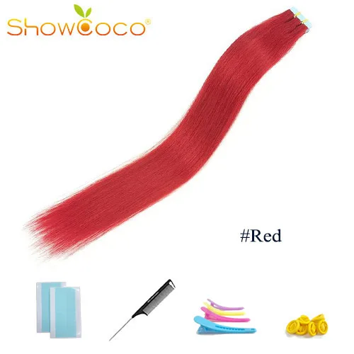 Red-20 Pcs ShowCoco лента в Пряди человеческих волос для наращивания натурального волос 20/40 шт, смешанные цвета, Цвет горячие головы для наращивания блеск коричневого до блондинка ленточных накопителей - Цвет: Red-20 Pcs