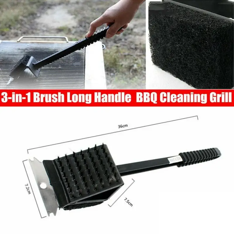 3 In 1 Corner Copper Wire Brush Barbecue Grill Oven Cleaning Bbq Brush Copper Wire Sponge Shovel Long Handle