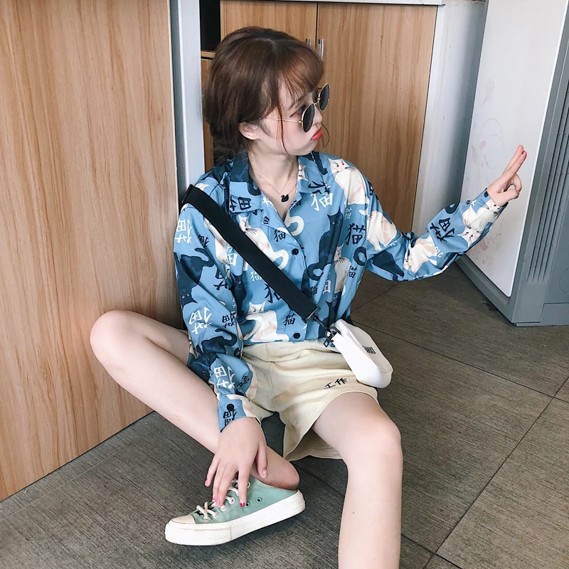 Женская рубашка с длинным рукавом и принтом кота Повседневная летняя Kawaii Ulzzang