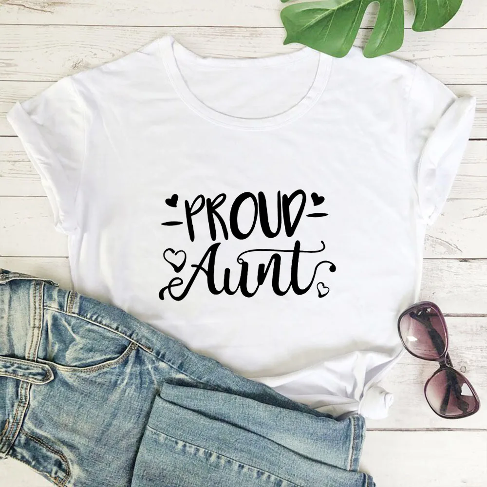 

PROUD AUNT Woman Tshirts Top O-neck Casual Short Sleeves T Shirt Women Black Red Letters Graphic T Shirt Femme Streetwear