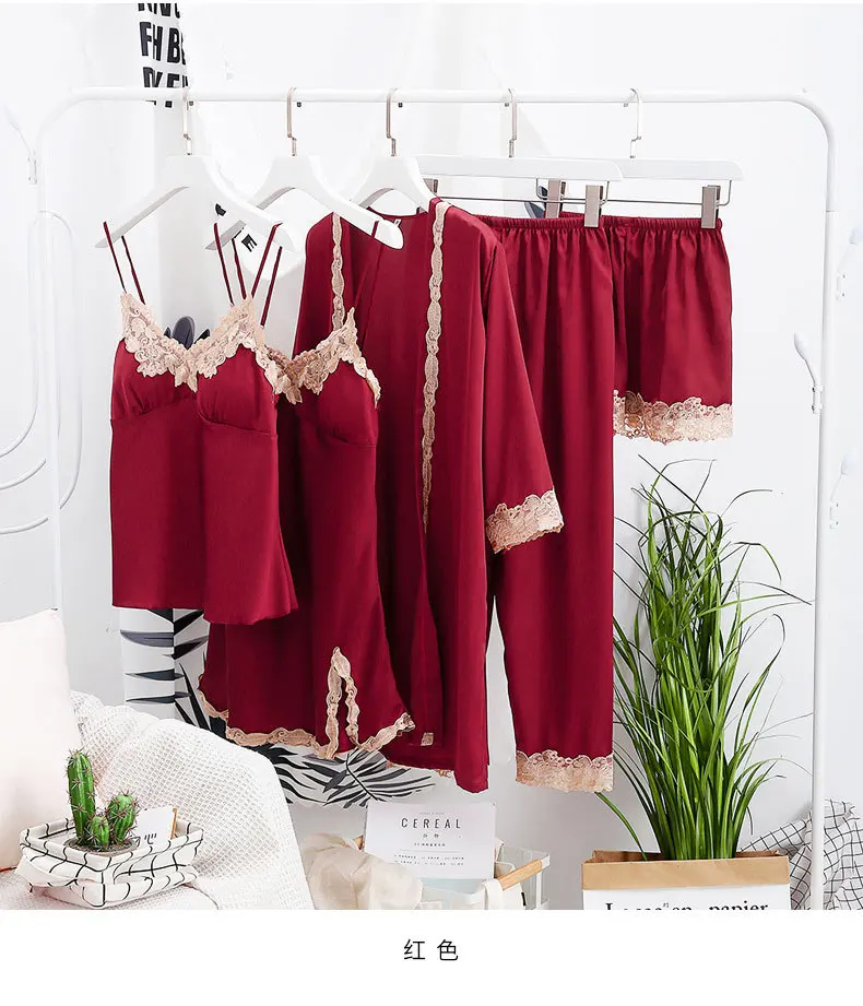 Пижамный комплект Женский атласный из 5 предметов шелковая кружевная пижама с