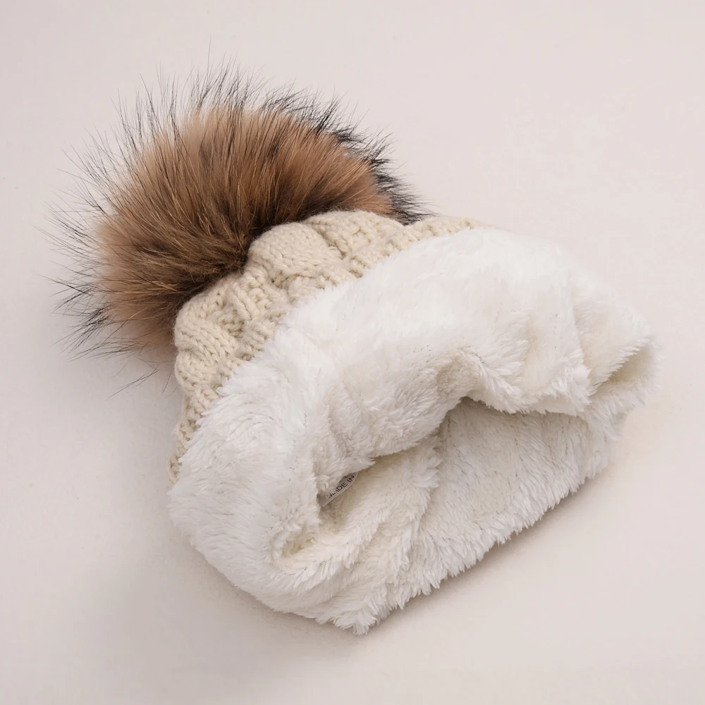 

Real Fur Pompom Wool Winter Hat for Women Girls Knit Skullies Beanies Thick warm velvet Fleece bonnet femme natural Pom pom Hat