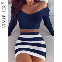 fall sexy v neck slim knitted soft dress sets party festival clothing off the shoulder long sleeve crop top striped mini skirt