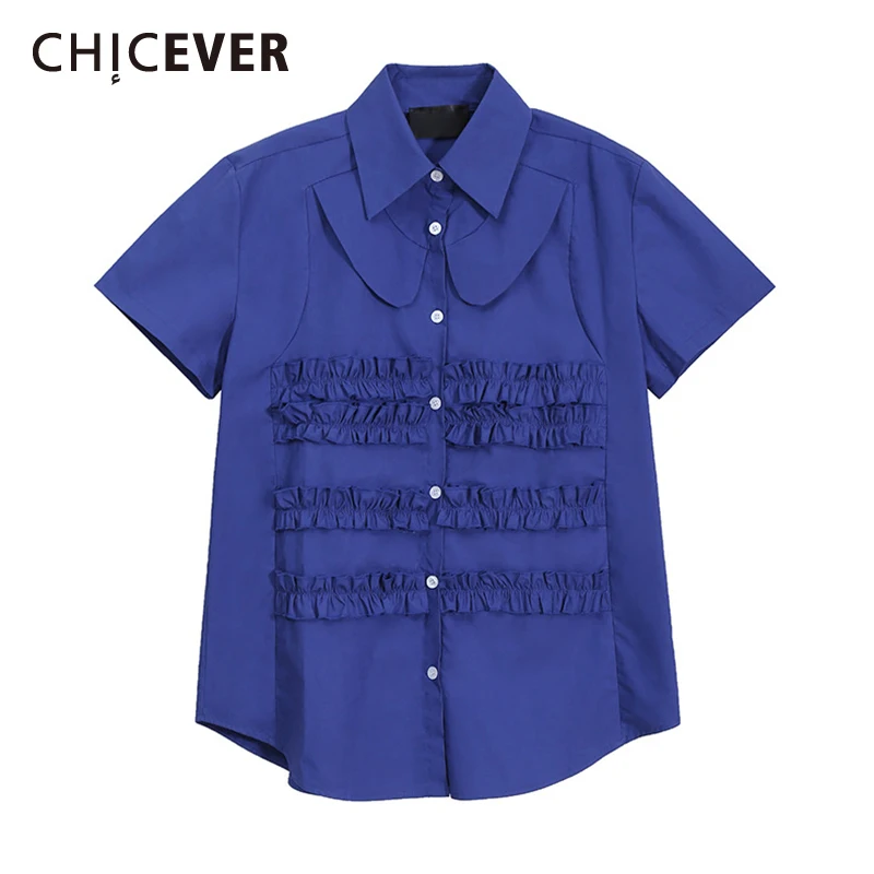

CHICEVER Patchwork Frill Trim Solid Fold Pleated Short Sleeve Women's Oversize Shirt 2021 Lapel Collar Women Clothes Summer 2021
