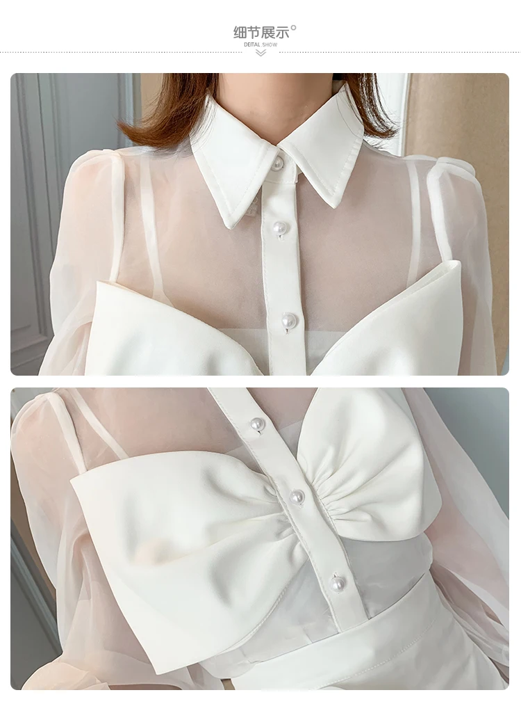 Женский костюм-двойка белая рубашка с длинным рукавом и бантом мини-юбка осенний