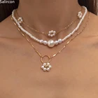 Ожерелье-чокер женское многослойное с круглым кулоном, элегантная винтажная цепочка с искусственным жемчугом, модное геометрическое Ювелирное Украшение с цветами